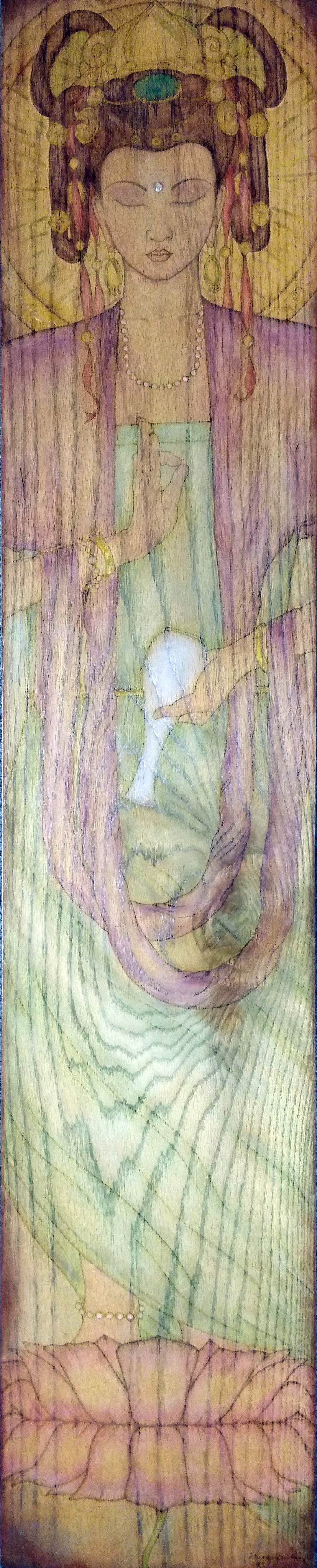 Quan Yin Woodburned Watercolor Painting