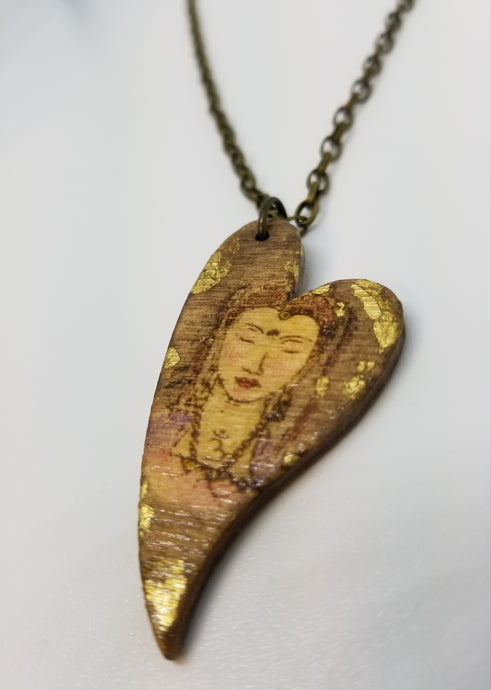 Quan Yin Woodburned Heart Pendant