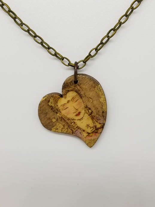 Quan Yin Woodburned Heart Pendant