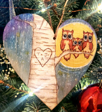 Custom Love Bird Owls  Birch Tree Initials Heart Ornament