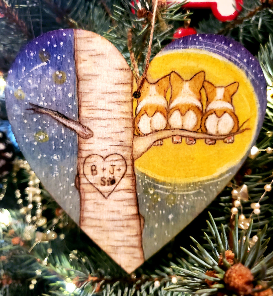 Custom Corgi Birch Tree Initials Heart Ornament