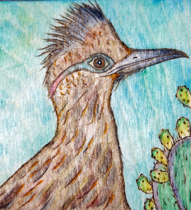 Roadrunner Woodburning and Watercolor Painting